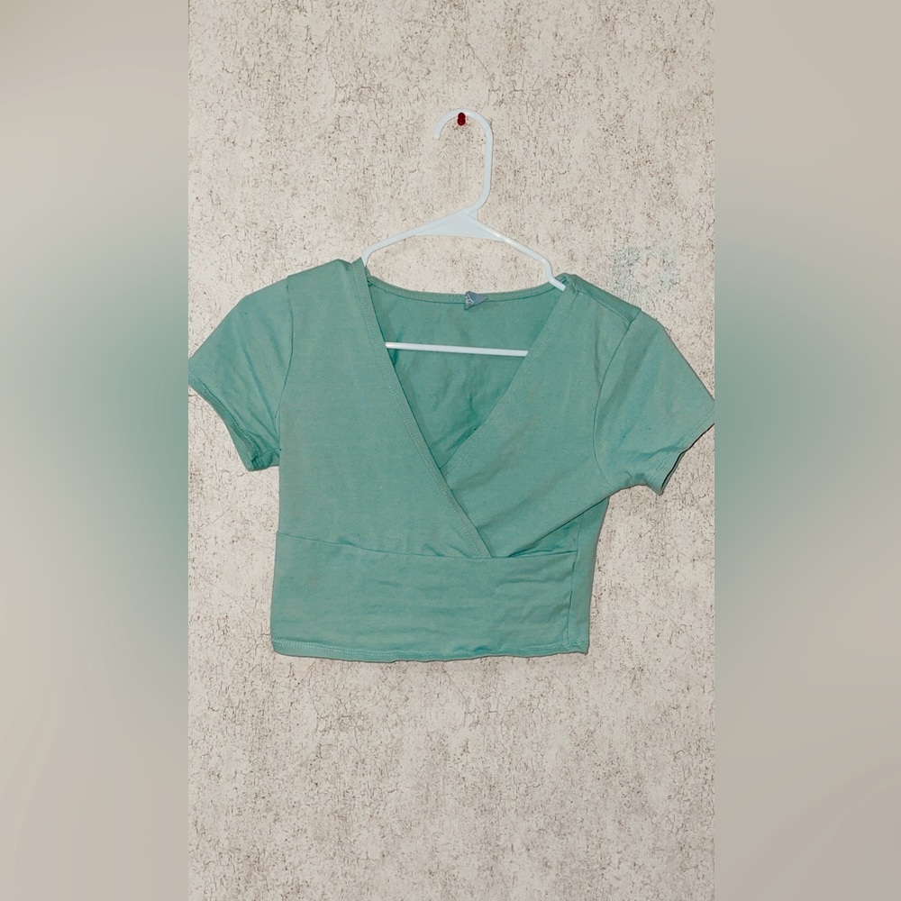 Cropped top, teal, v crossover neck, size S
